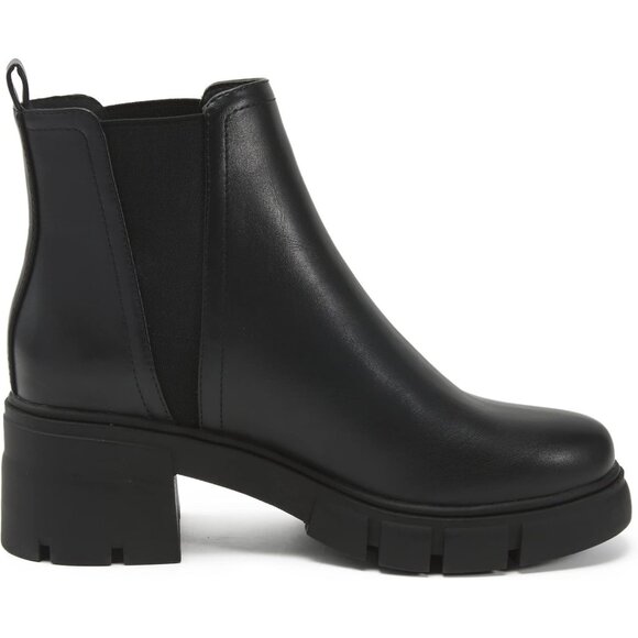 Redtop Women's Black Faux Leather Elastic Chunky Block Heel Lug Sole Ankle Boot - Picture 3 of 8